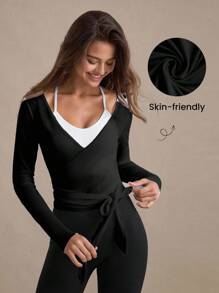 Easify SHEIN Sport Camiseta de manga larga con textura perforada, de atar, casual, deportiva y versátil para todas las estaciones, para mujer