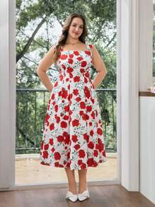 SHEIN MOD 大码复古红白玫瑰花卉浪漫花园度假连衣裙，腰部蝴蝶结 - 彩色 - 查看 3