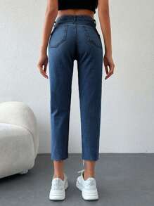 Cottnline Straight Leg High Waisted Ripped Jeans - Dark Wash - View 2