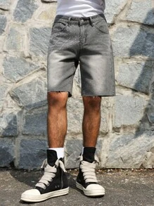 Manfinity EMRG Quần short denim họa tiết đính đá cho nam, viền tua rua, phong cách Emo, dạo phố nhiệt đới - Xám - Xem 3