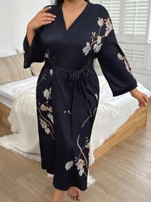 SHEIN Robe longue d'été élégante à imprimé floral noir avec ceinture, pour l'automne et l'hiver, grande taille - Noir - Voir 3