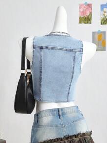SHEIN Teen Girl Sparkling Star Rhinestone Decor Light Blue Denim Elastic Fitted Sleeveless Vest, Spring And Summer Casual Vacation Country Boho Wear