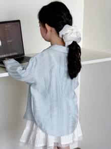 Dazy Kids 少女卡通兔子印花落肩单排扣衬衫 - 藍色 - 查看 2