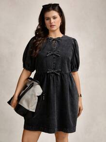 Zelara 大码领口蝴蝶结口袋洗水连衣裙