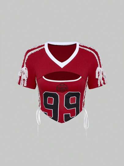 ROMWE Avant Women's Retro School Style Back To School Sexy Sports Ballet Lace Patchwork Embroidered Numeric Tight T-Shirt