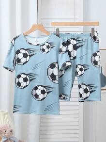 Set de 2 piezas de camiseta de manga corta con estampado gráfico de fútbol y pantalones cortos casuales ajustados para adolescentes varones