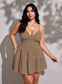 Viva Relle Đầm midi hở vai trơn viền bèo nhún cỡ lớn mùa hè cho nữ - màu nâu - Xem 6