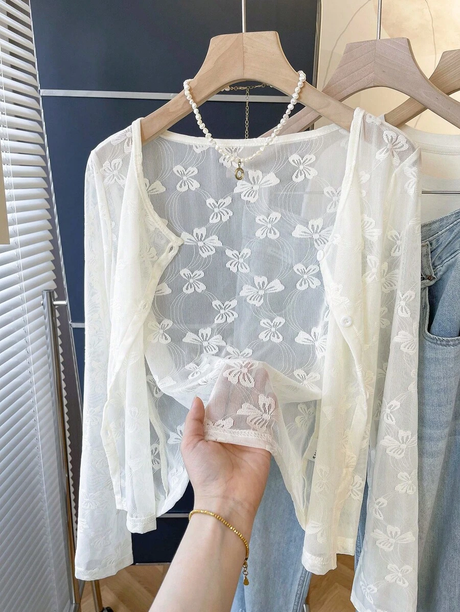 女士蝴蝶网眼长袖单排扣薄款夹克 - 白色 - 查看 1