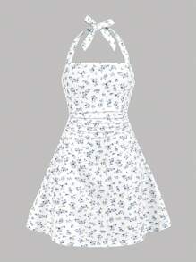 SHEIN Girlism Tween Girls Casual Chic Cute Ditsy Floral Halter Tie Waist Ruched A-Line Dress, School Or Vacation Wear