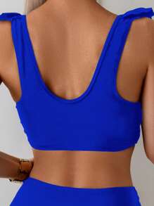 SHEIN Swim Bộ đồ bơi 2 mảnh màu trơn xếp nếp phía trước và quần tam giác nhún eo thời trang đi biển mùa hè cho nữ - Xanh đậm - Xem 4