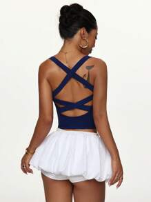 Easithlete 女士纯色交叉带运动T恤和背心 - 藏蓝色 - 查看 5