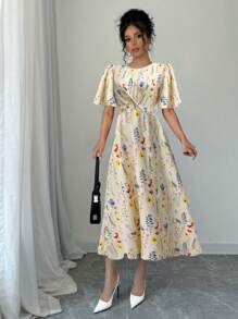 Chiquease 女式不对称印花扭结系带休闲连衣裙，扭结系带海滩度假连衣裙 - 杏色 - 查看 6