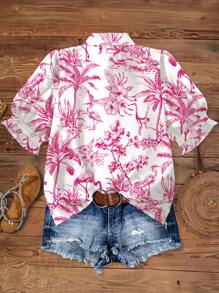 SHEIN LUNE Camisa de manga corta con estampado floral diminuto en estilo barroco vintage