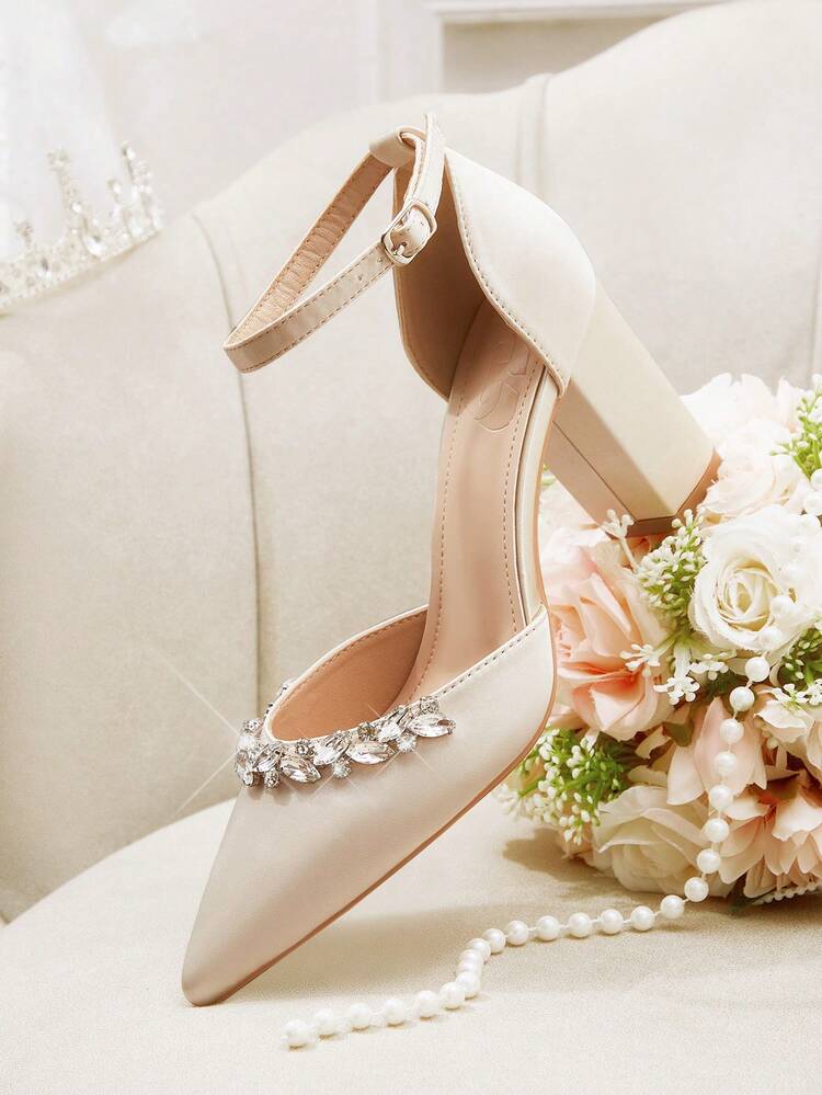CUCCOO HITCHD Women's New Sparkling Rhinestone Square Toe Chunky Heel Elegant Romantic Champagne Bridal High Heels, Hollow Bridesmaids Party Dress Shoes, Fashion Wedding Formal Event Wear For Christmas Elegant Shoes Wedding Shoes Summer Shoes Bride Shoes