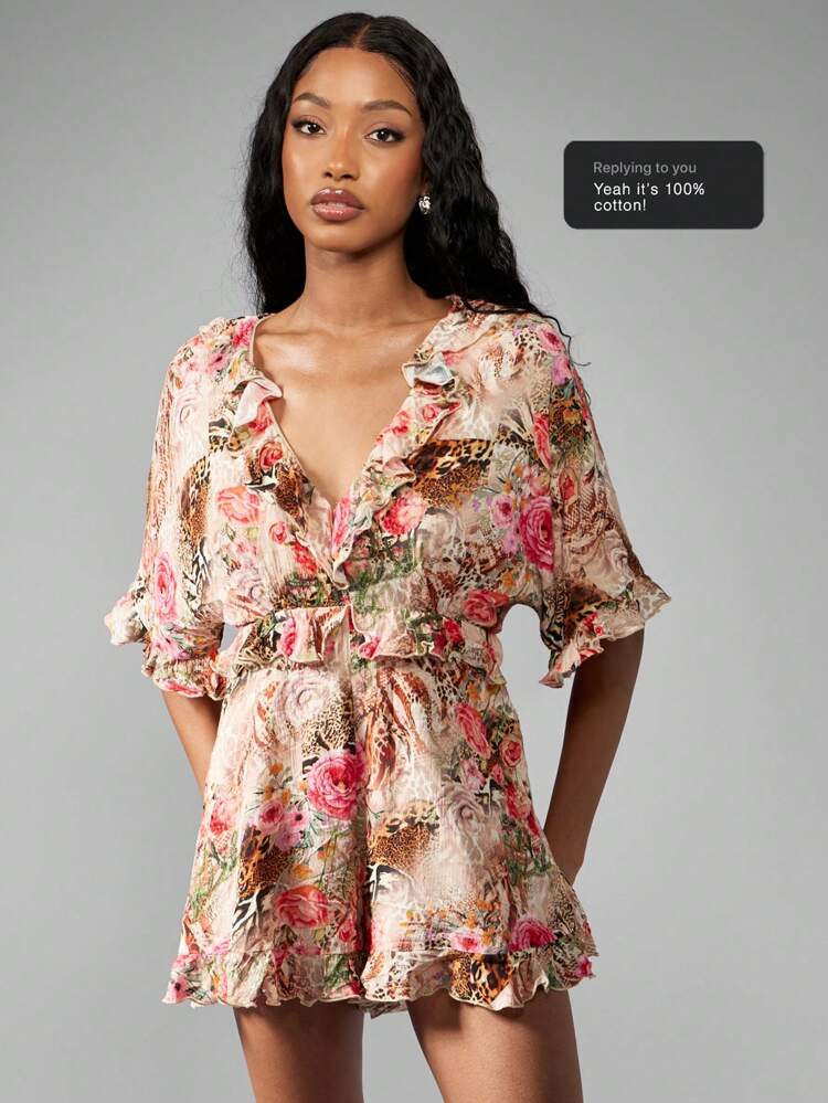 MISSGUIDED Floral Rose Print Ruffle Trim Romper Playsuit V-Neck Short Sleeve Summer Festival Beach Party Holiday Resort Wear Occasion Jumper
