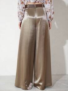 Aveloria Modichic Quần dài công sở cao cấp rộng rãi thanh lịch bằng vải satin dài tôn dáng có thắt lưng da giả cho nữ - Màu nâu  Mocha - Xem 2