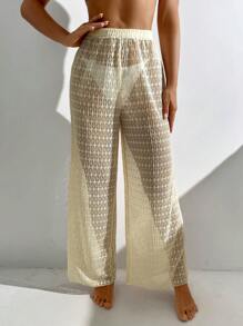 Swim Lushoire Women Summer Holiday Casual Beach Wear Set - Apricot Lace Bikini Bottom And Swimwear Cover-Up