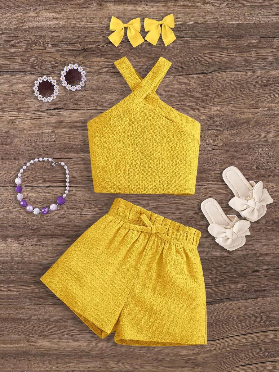 Emery Rose Kids Emery Rose Kids 2pcs/Set Young Girl Knitted Solid Sleeveless Top And Shorts Set - Yellow - View 1