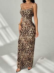 SHEIN PETITE 女士长款休闲连衣裙，简约时尚豹纹吊带，日常穿着，猎豹印花连衣裙 - 彩色 - 查看 6