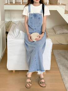 DAZY Abito salopette casual in denim da donna con tasche e design con orlo sfilacciato