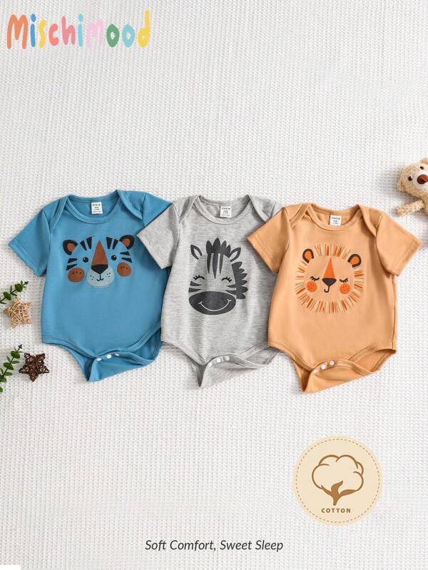 Set de 3 piezas de pelele de manga corta con estampado de animales lindo y sencillo para bebé niño