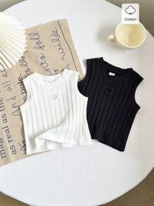 Souflis Souflis 2 件套女婴婴儿/幼儿 0-3 岁休闲纯色镂空心形圆领无袖短款 T 恤上衣，棉质针织，粉色和白色 - 黑與白 - 查看 3