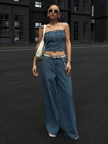 DAZY 2pcs/Set Women Summer Stripe Bandeau Top And Loose Wide Leg Jeans, Casual Denim Outfit