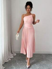 Elenzga Vestido de tirantes elegante, casual/de trabajo/de vacaciones, con plisado en la cintura, de color liso