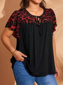 EMERY ROSE Plus Size Women Leopard Print Tie Front Ruffle Sleeve Dressy Blouse, Plus Size Casual Tops, Leopard Print Plus Size Tops,Gifts For Mother,Bohemian Clothes,Springbreak,Rave Outfits,Country Outfits Women , - Red - View 5