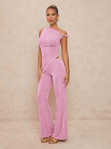 Lumalex 1 Bộ đồ nữ trang trí kim loại bất đối xứng Bodycon loe Co-Ord - Hồng - Xem 3