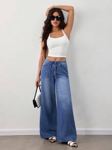 SHEIN Tall Women's Basic Fall Back To School Solid Color Lace-Up Washed Faded Casual Jeans - Blue - View 6