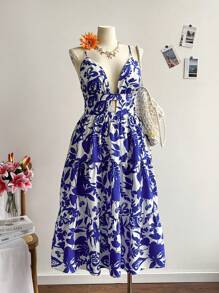 Dreamara Plus Size Women Sleeveless Ethnicity Print Maxi Dress, Vacation Wear - Blue and White - View 3