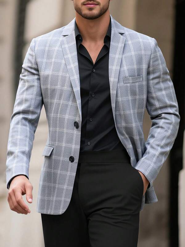 Manfinity Bizformal Men's Plaid Single-Breasted Fashion Suit Jacket With Shoulder Pads, Long Sleeve