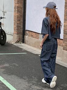 Dazy Kids Teenagers Girls Loose Denim Short Sleeve Jacket And Straight Jeans Outfit, Fall Clothing