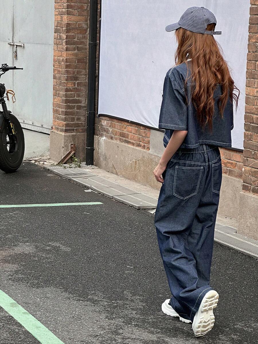 Dazy Kids Teenagers Girls Loose Denim Short Sleeve Jacket And Straight Jeans Outfit, Fall Clothing