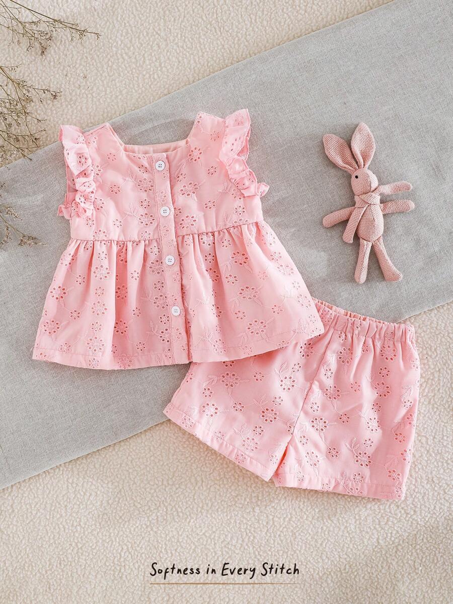 Cozy Pixies Baby Girl Embroidered Hollow Pattern Crew Neck Sleeveless Cardigan Top And Elastic Waist Shorts 2 Pieces Set Baby Girl Clothes Summer Sets 2pc Baby Girl Set Pink Set For Baby Girl Toddler Girl Summer Outfit Baby Girl Eyelet Set
