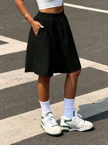 SHEIN Damen einfarbige Bermuda Shorts mit Kordelzug Taille und weitem Bein für Sport und Lässig