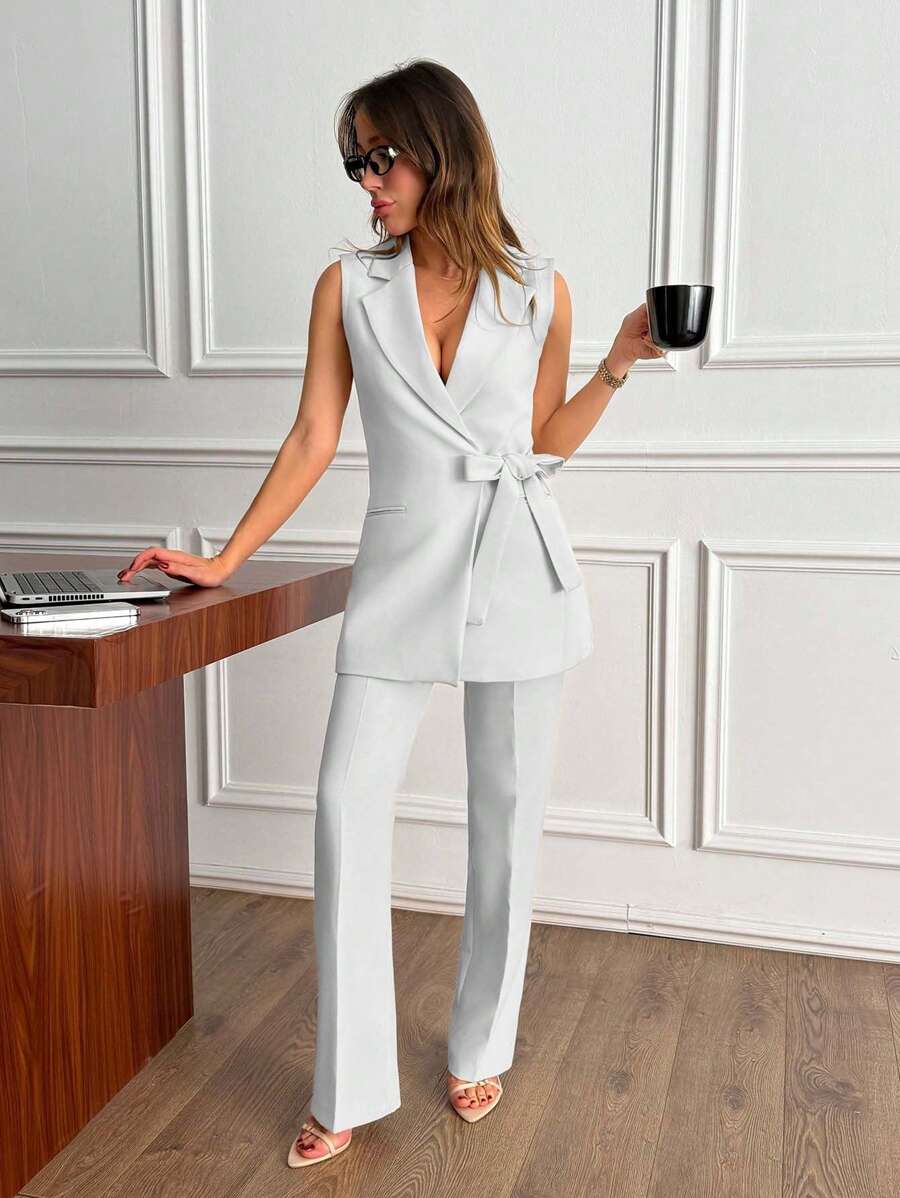 SHEIN Cottnline طقم بذلة أنيق مفصل مع حزام للخصر للسيدات - أبيض - مشاهدة 1