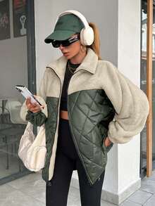 EURMUSE Women Padded Coat With Teddy Bear Fabric Patchwork, Diamond Shape Stitch Line - Army Green - View 4