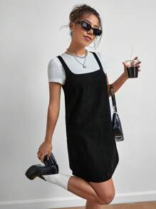 SHEIN EZwear Black Dress Solid Tank Dress Without Tee - Black - View 5