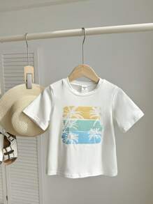 Camiseta de manga corta de punto con cuello redondo y estampado de vacaciones lindo y casual para niños pequeños, adecuada para el trayecto, la escuela, el uso diario casual, las vacaciones, los deportes, la primavera, el verano, el otoño y el invierno