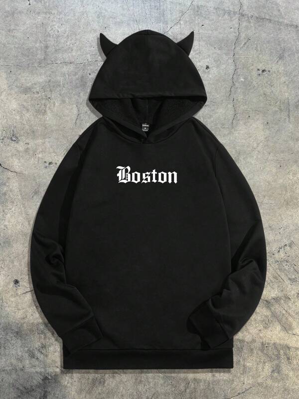 AXEPEAK Men's Boston Letter Printed Knitted Hooded Leisure Sweatshirt, Suitable For Spring And Autumn Season, Rapper Long Sleeve Going Out Hoodie Street Wear, Streetwear Style