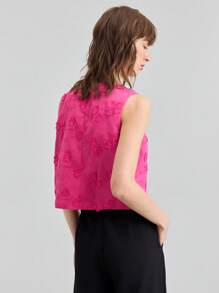 Ontre 2025 New Bowknot Strap Top, Vacation Style 3D Floral Fabric White Front Tie Wheat Decoration Women's Top, Women's Top, Spring Clothing - Hot Pink - View 3