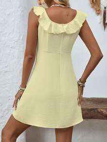 EMERY ROSE Women's Simple Solid Color Square Neck Ruffle Trim Summer Dress