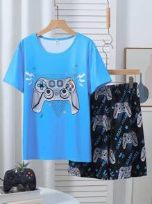 Conjunto de pijama con estampado de consola de juegos para adolescentes varones, material suave de seda de leche, top azul y pantalones cortos, ropa casual para el hogar