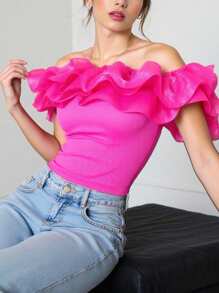 Women's Rose Red Solid Color Minimalist Elegant Textured Asymmetric Neckline T-Shirt, Spring/Summer Pink Top - Hot Pink - View 3