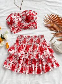 Soleia Bộ 2 áo Bandeau và chân váy xếp tầng thời trang đi nghỉ, màu xanh và trắng - Đỏ và trắng - Xem 4