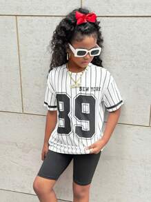 SHEIN 女童两件套：休闲条纹图案 89 印花上衣和紧身裤 - 黑色 - 查看 6