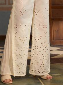 ZEYLAH 女士度假松紧腰刺绣侧褶阔腿裤 - 杏色 - 查看 2