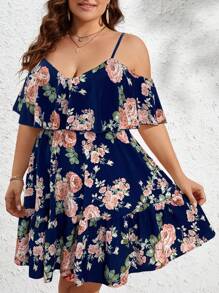 SHEIN VCAY Váy hở vai in hoa cỡ lớn - Màu xanh hải quân - Xem 4